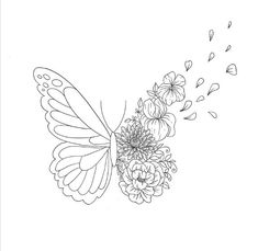 a drawing of a butterfly flying over flowers