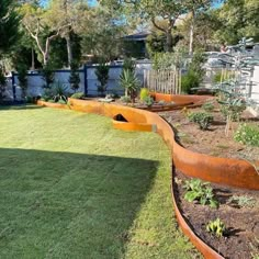 an outdoor garden with lots of grass and plants on the side of the fenced in area