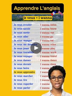 a woman with glasses is standing in front of a yellow background and the words apprendre l'engais