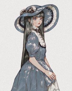 a drawing of a woman with long black hair wearing a blue dress and large hat