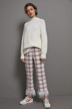 Eva Franco Pants Brenda Feathered Plaid Pants Eyelet Shirt, Winter Sweater Outfits, Polka Dot Jumpsuit, Wide Leg Cropped Pants, Winter Outfits For Work, Plaid Pants, Pull On Pants, Womens Fashion Trends, Pink Fashion