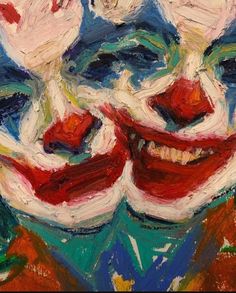 a painting of two clowns with red noses and white nose rings on their mouths