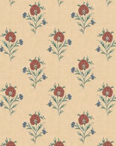 an old wallpaper with red flowers and green leaves on it's side, as well as blue berries