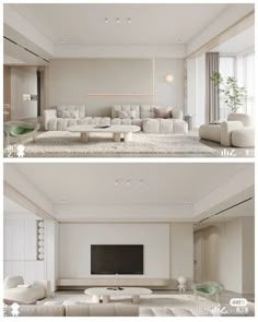 two pictures of a living room with white furniture and large windows, one is empty