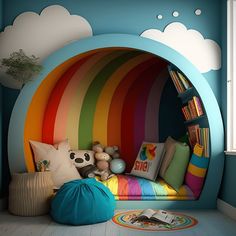 there is a rainbow themed room with bookshelves and stuffed animals in the corner