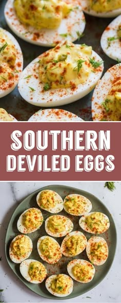 deviled eggs with cheese and herbs in them on a plate next to the deviled eggs