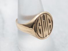 This bold type monogram on this vintage signet ring was so well done, we opted to leave it be, and hope that we found someone with the initials "GFB" who loves it as much as we do!Please note that this signet ring has its original monogram, unfortunately, this piece cannot be altered without affecting the quality of the piece, please feel free to contact us to help you find your perfect signet ring in your style and budget! Metal: 14K Yellow GoldTop Measurements: 12.9 x 15.8 mm, OvalMonogram: "GWA" in Bold Font Ring Size: 9.50Marks: "*14" Stamped on the inside band Signet Ring Initials, Monogram Ring Gold, Bold Type, Gold Lion, Monogram Ring, Gold Signet Ring, Gold Art Deco, Gold Top, Antique Roses