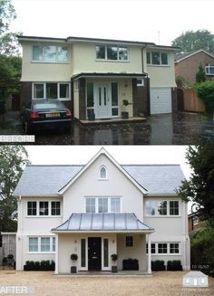 before and after pictures of a new house in the rain, with an old car parked outside