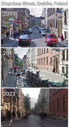 two pictures showing the same street in different cities, one with cars and people walking on it