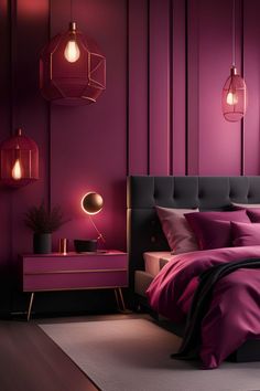 a bedroom with pink walls and purple bedding, two lamps on either side of the bed