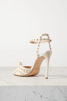 White Sacora 100 faux pearl-embellished satin sandals | Jimmy Choo | NET-A-PORTER Luxury Satin Sandals, Luxury Satin Evening Sandals, Embellished Open Heel Sandals For Events, Embellished Sandals For Events With Open Heel, Elegant Pearl Embellished Round Toe Sandals, Glamorous Embellished Satin Heels, Elegant Pearl-embellished Open Toe Sandals, Luxury Satin Sandals For Party, Luxury Satin Party Sandals