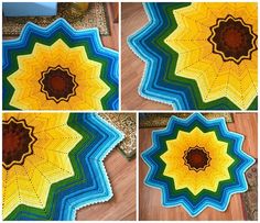 four pictures of the same crochet pattern, each with different colors and shapes