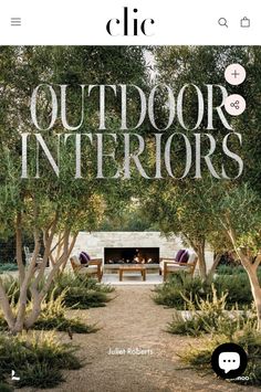 the cover of clc's outdoor interiors magazine, with trees and benches in the background