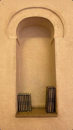 two books are sitting on a shelf in the wall