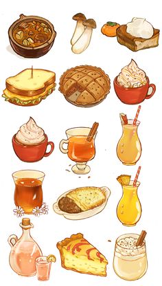 an image of food and drinks drawn in pen and ink