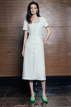 Pronce Sheath Button Tweed Midi Dress - MEAN BLVD Sunday Dress Outfit, Tweed Midi Dress, Bow Tie Dress, Sunday Dress, Mean Blvd, Everyday Fashion Outfits, Plain Dress, Houndstooth Dress, White Houndstooth