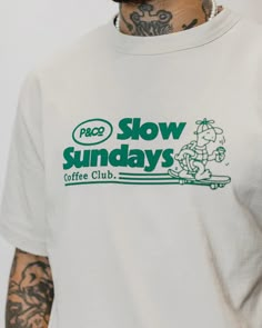 Slow Sundays Vol. 2 T-Shirt - Bone | Men's T-Shirts – P&Co USA Slow Sundays Coffee Club, Mens White Graphic Tee, Graphic Tee For Men, Hoodie Design Graphic, Screen Printed Tshirt, Retro Graphic Tshirt, Shirt Print Design Graphic Tees, White Tshirt Design, Graphic Tees Design Prints