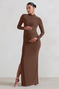 Sculpt your gorgeous growing silhouette in our latest maternity maxi dress. Alejandra. The perfect bodycon for that upcoming baby shower. this brown dress is designed in premium stretch jersey with long sleeves. a high neckline and a striking side split.Features- Premium stretch jersey- High neck- Long sleeves- Bump ruching- Invisible zip closure- Split hem- Maxi lengthSizing & FitModel is 5'8.5 and wears UK size 8 / US size 4Product InformationDesigned exclusively by Club L LondonDouble layered Brown Maternity Dress, High Neck Maxi Dress, Maternity Maxi Dress, Black Dress Prom, Maternity Maxi, Your Gorgeous, Glamorous Dresses, Christmas Party Dress, Sequin Maxi Dress