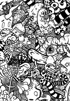 black and white drawing of many different objects