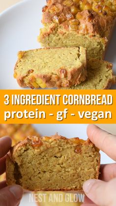 three ingredient cornbread protein - gf vegan on a white plate with text overlay