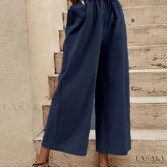 Lasaky - Contemporary Elastic Waist Wide Leg Pants: A Stylish Addition to Your Wardrobe Pantalon Large, Cropped Pants, Leg Pants, Wide Leg Pants, Elastic Waist, Wide Leg, Navy Blue, Vogue, Solid Color