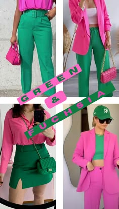 Fuchsia Pink Skirt Outfit, Green Pairing Color Outfit, Green And Fuschia Outfit, Bright Green Pants Outfit, Lime Green Sweater Outfit, Colorful Style Outfits, Pink And Green Outfit, Informal Attire, Colour Combinations Fashion