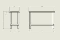 a drawing of a table with measurements for the top and bottom, side by side