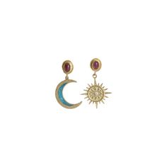 The Sun and Moon Turquoise Enamel Earrings are a vibrant and artistic pair, featuring a celestial sun and moon design. These earrings are adorned with turquoise enamel and crafted in 18kt gold-plated silver, offering a striking combination of color and elegance. Perfect for adding a bold, unique touch to any look. *18kt Gold plated (vermeil) Silver.  * Enamel. * Turquoise.  Care instructions: * Avoid contact with water. * Avoid contact with perfume. * Do not wear while exercising (perspiration m Sun And Moon Design, Celestial Sun And Moon, Moon Accessories, The Sun And Moon, Celestial Sun, Asymmetrical Earrings, Forever Jewelry, Jewelry Ring Box, Men's Jewelry Rings