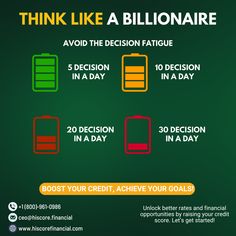 a green background with red and yellow text that says think like a billionaire avoid the decision