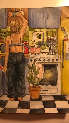 a drawing of a person in the kitchen