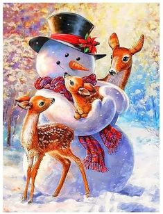 a painting of a snowman with two deers and one is holding the baby