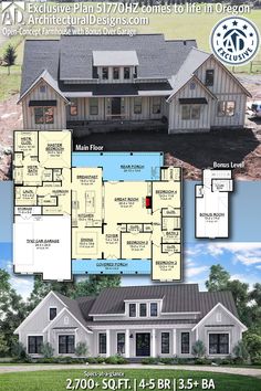 two story house plan with 3 car garage and attached living room, open floor plan