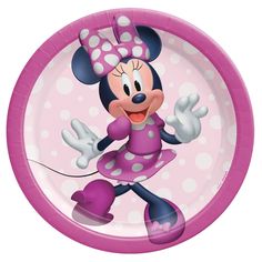 a paper plate with a minnie mouse character on it's face and polka dots