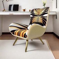 a chair sitting on top of a white rug in front of a desk with a clock