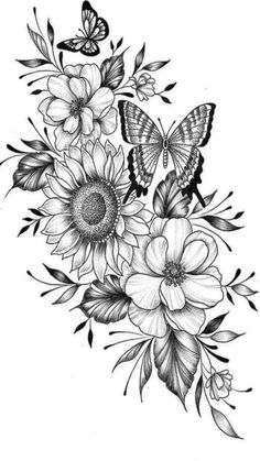 flowers and butterflies tattoo design on the back of a woman's shoulder, with one butterfly