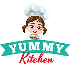 the logo for yummy kitchen with a cartoon girl holding a plate of food in her hands