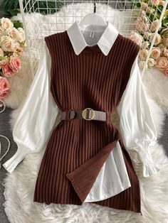 autumn women's lantern sleeve shirt knitted vest two piece sets of College style waistband vest two sets top UK900 921-1 Lantern Sleeve Shirt, Lantern Dress, Knitted Vest, College Style, Inspired Outfits, 가을 패션, Lantern Sleeve, College Fashion, Mode Vintage