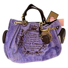 Vintage Juicy Couture Purple Velour Royal Juicy Fairy Tale Shoulder Bag/ Purse  New with tags, hard to find Approx. Measurements: 10.5" x 8" x 4" Vintage Juicy Couture Bags, Alt Wardrobe, Mcbling Outfits, Juicy Purse, 2000s Purse, Y2k Bags, Vintage Juicy Couture, Dream Bags, Juicy Couture Purse