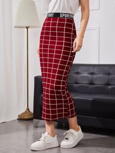 Burgundy Preppy   Polyester Letter,Plaid Pencil Embellished Slight Stretch Spring/Summer/Fall Women Bottoms Pu Leather Skirt, Winter Outfits Warm, Long Sleeve Sheath Dress, Burgundy Fashion, Women Bottoms, Peplum Skirt, Wool Pencil Skirt, Split Skirt, Women Skirts