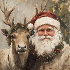 a painting of santa claus and his reindeer