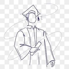 a black and white line drawing of a man in graduation gown holding a diploma cap