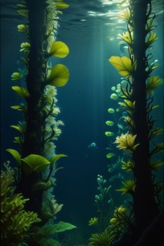 an underwater scene with plants and fish in the water