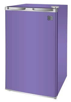 a purple refrigerator freezer sitting on top of a white floor next to a wall