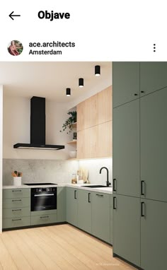 an image of a kitchen with green cabinets