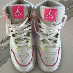 Nike Air Jordan’s Y6.5 In Great Shape! Kids Nike, Nike Jordan, White Nikes, Nike Air Jordan, Pink White, Nike Shoes, Kids Shoes, Air Jordans, Shoes Sneakers