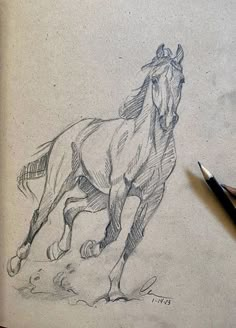 a pencil drawing of a running horse on a piece of paper next to a pen