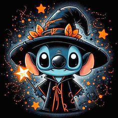 a cartoon character wearing a witches hat and holding a wand with stars in the background