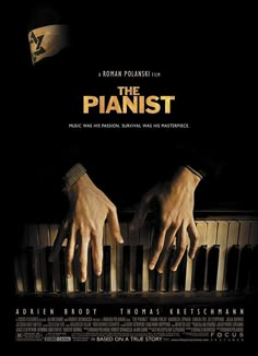 the pianoist movie poster with hands on top of an organ keyboard and two hands reaching for