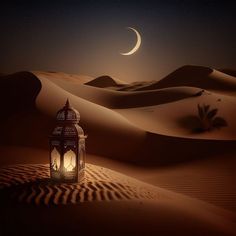 a lantern in the desert at night with a crescent moon and sand dunes behind it