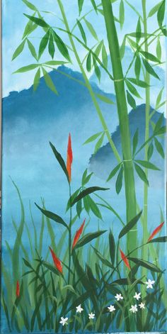 a painting of bamboo and red flowers in the foreground with mountains in the background